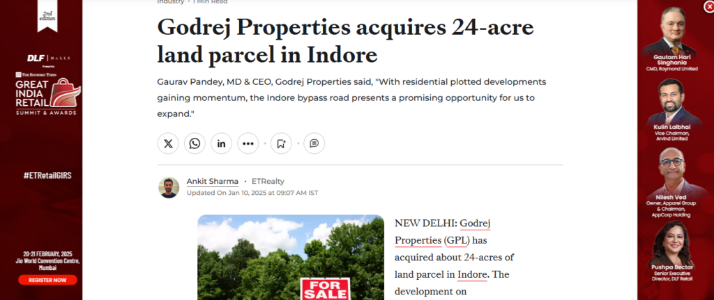 Godrej Properties Purchase Land 24-Acre Land Parcel in Indore